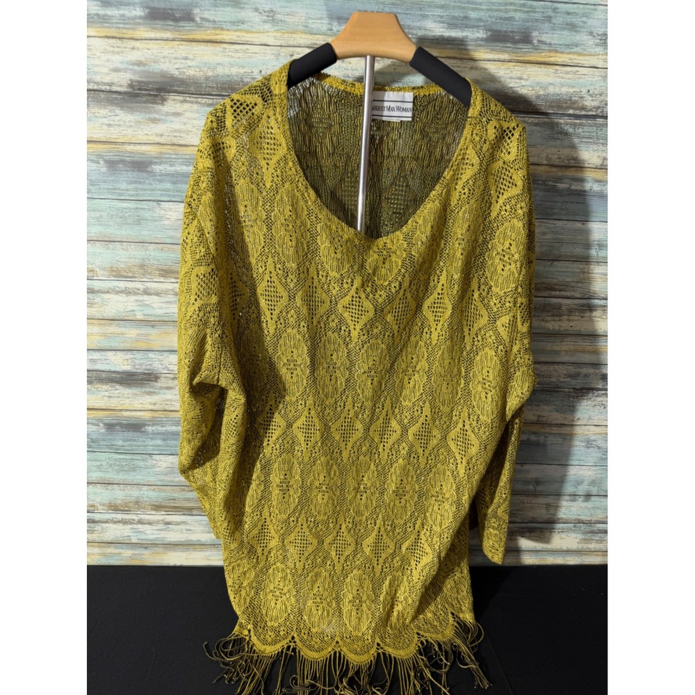 August Max Woman Tunic 2X Gold Excellent Metallic Fringed Crochet Knit Top